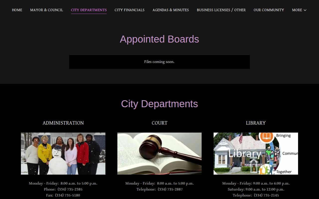 Brundidge city departments page showing police and records contact information