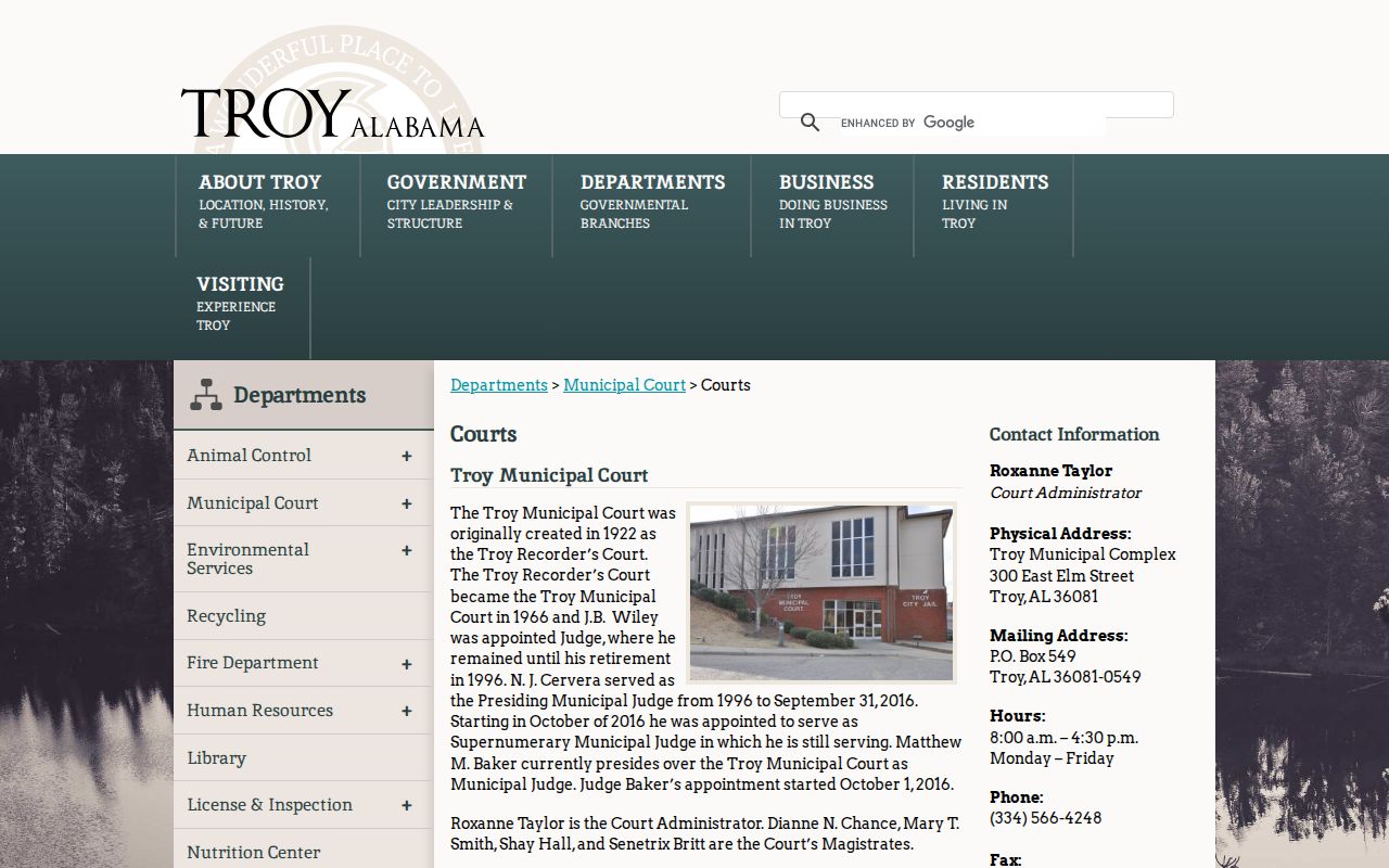 Troy Municipal Court page with court record and warrant access links
