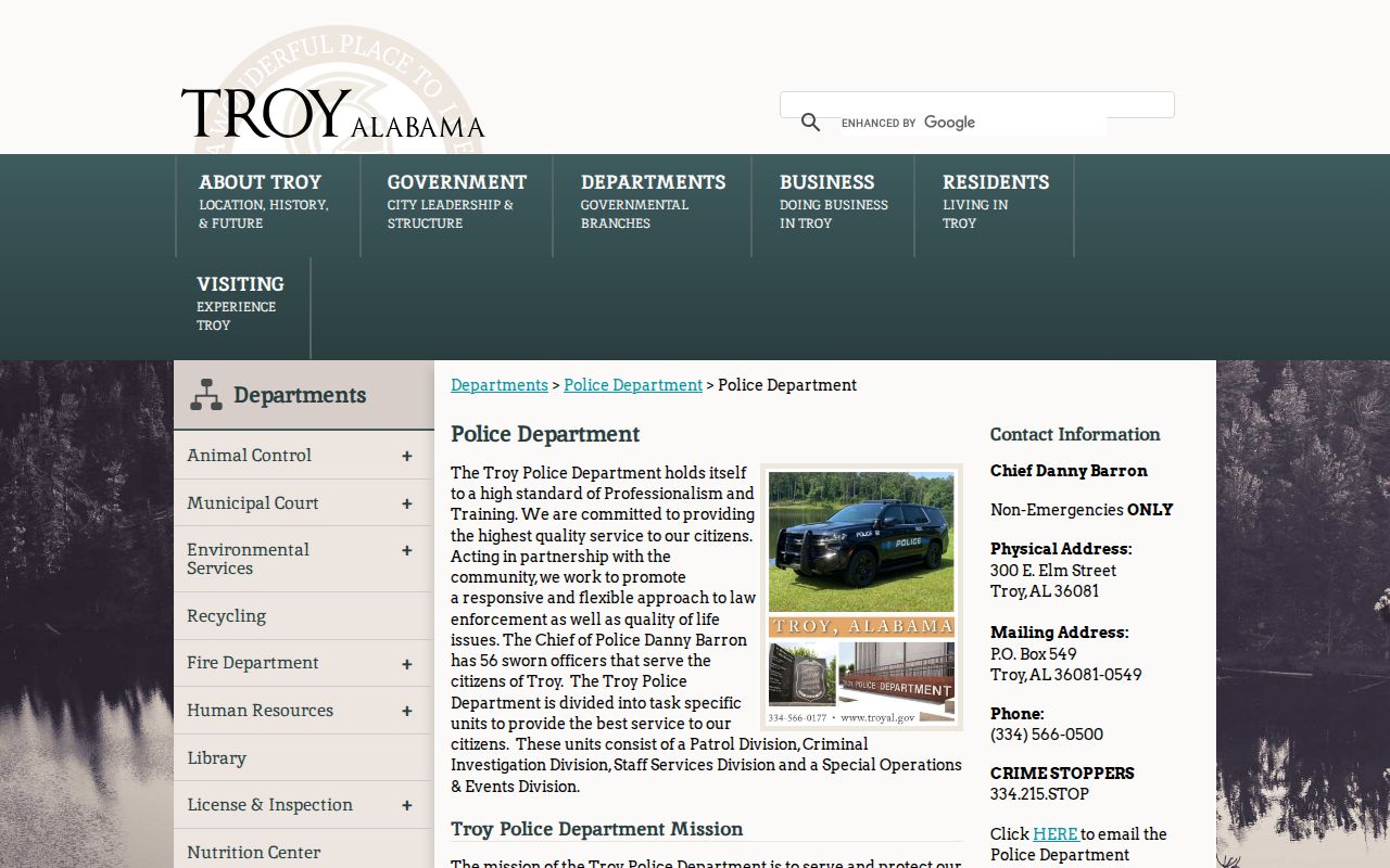 Troy Police Department official page with city police contact information