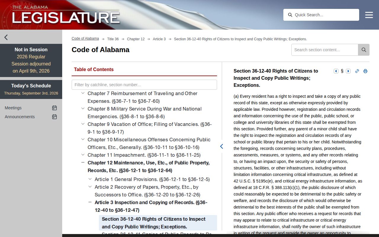 Alabama public records statute on inspection and copying of public writings