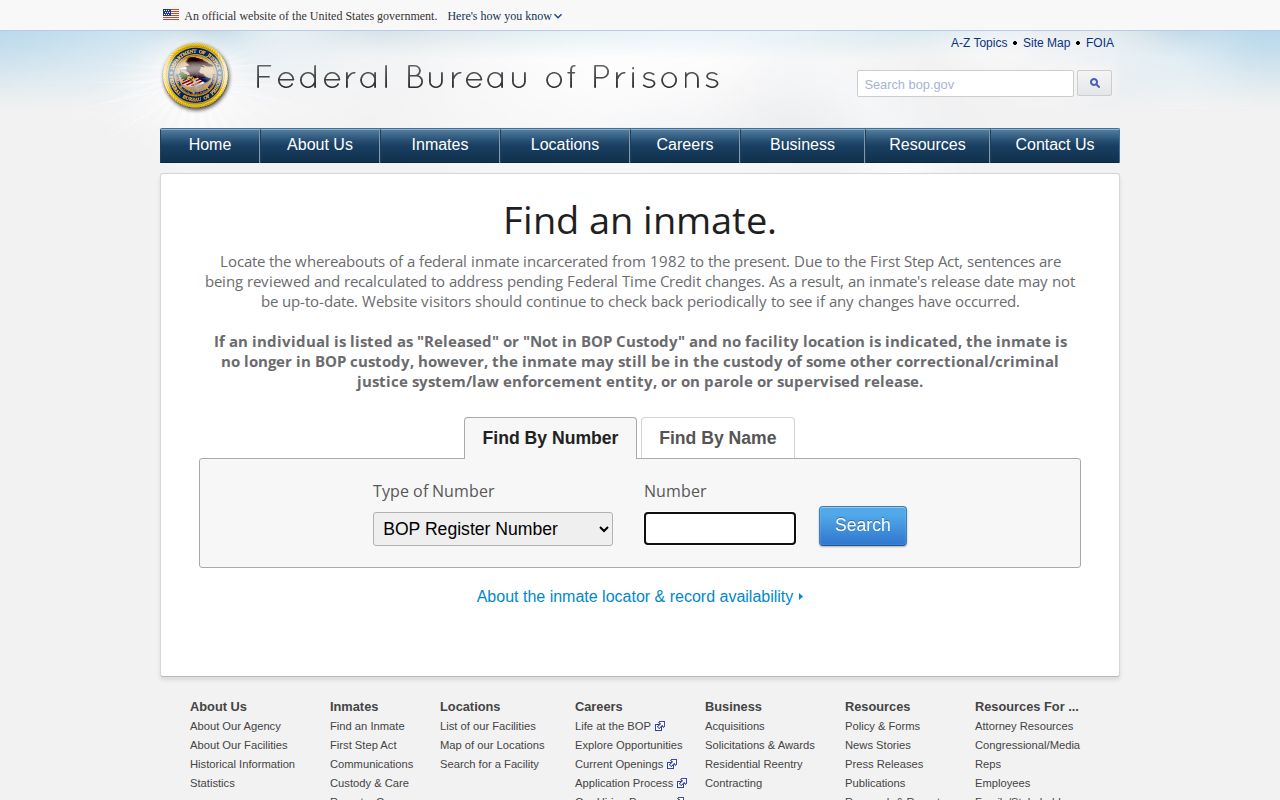 Federal Bureau of Prisons official inmate locator